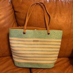 Chic Tan and Green Striped Tote Bag
